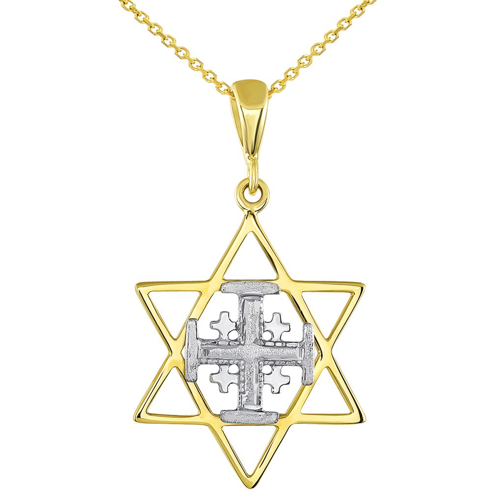 Solid 14K Two Tone Gold Star of David and Jerusalem Cross Pendant With Cable, Curb or Figaro Chain Necklace