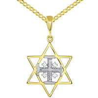 Load image into Gallery viewer, Solid 14K Two Tone Gold Star of David and Jerusalem Cross Pendant With Cable, Curb or Figaro Chain Necklace
