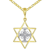 Load image into Gallery viewer, Solid 14K Two Tone Gold Star of David and Jerusalem Cross Pendant With Cable, Curb or Figaro Chain Necklace

