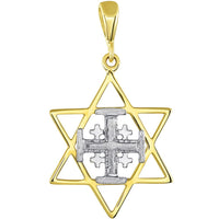 Load image into Gallery viewer, Solid 14K Two Tone Gold Star of David and Jerusalem Cross Pendant With Cable, Curb or Figaro Chain Necklace
