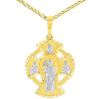 Load image into Gallery viewer, Unique Handcrafted Solid 14K Yellow Gold Textured Celtic Cross Charm with Saints Pendant Figaro Chain Necklace
