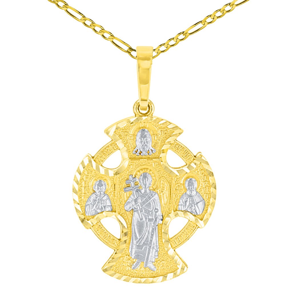 Unique Handcrafted Solid 14K Yellow Gold Textured Celtic Cross Charm with Saints Pendant Figaro Chain Necklace