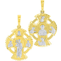 Load image into Gallery viewer, Unique Handcrafted Solid 14K Yellow Gold Textured Celtic Cross Charm with Saints Pendant Figaro Chain Necklace
