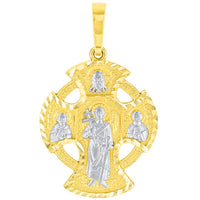 Load image into Gallery viewer, Unique Handcrafted Solid 14K Yellow Gold Textured Celtic Cross Charm with Saints Pendant Figaro Chain Necklace

