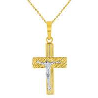 Load image into Gallery viewer, 14K Two-Tone Gold Textured Cross Crucifix with Jesus Christ Pendant Necklace

