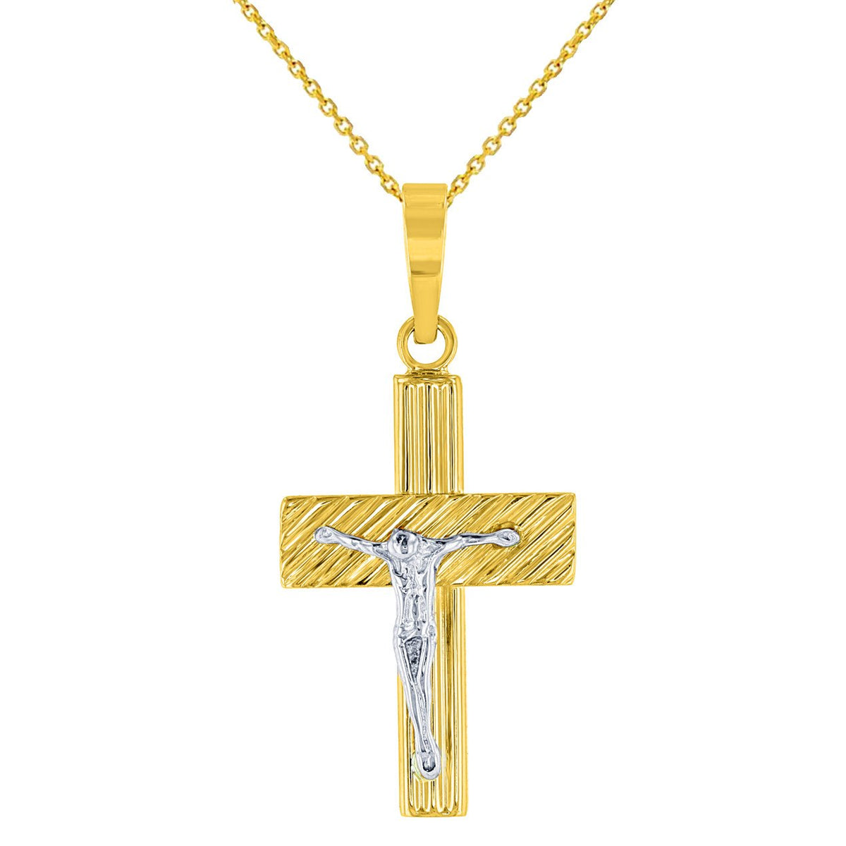 14K Two-Tone Gold Textured Cross Crucifix with Jesus Christ Pendant Necklace