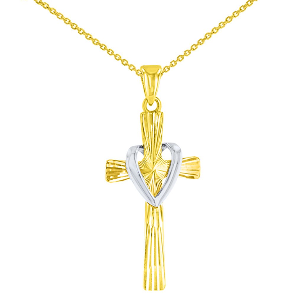 High Polish 14K Two Tone Gold Textured Cross with Heart Charm Pendant With Cable, Curb or Figaro Chain Necklace