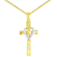 Load image into Gallery viewer, High Polish 14K Two Tone Gold Textured Cross with Heart Charm Pendant With Cable, Curb or Figaro Chain Necklace
