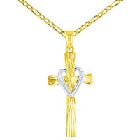 Load image into Gallery viewer, High Polish 14K Two Tone Gold Textured Cross with Heart Charm Pendant With Cable, Curb or Figaro Chain Necklace
