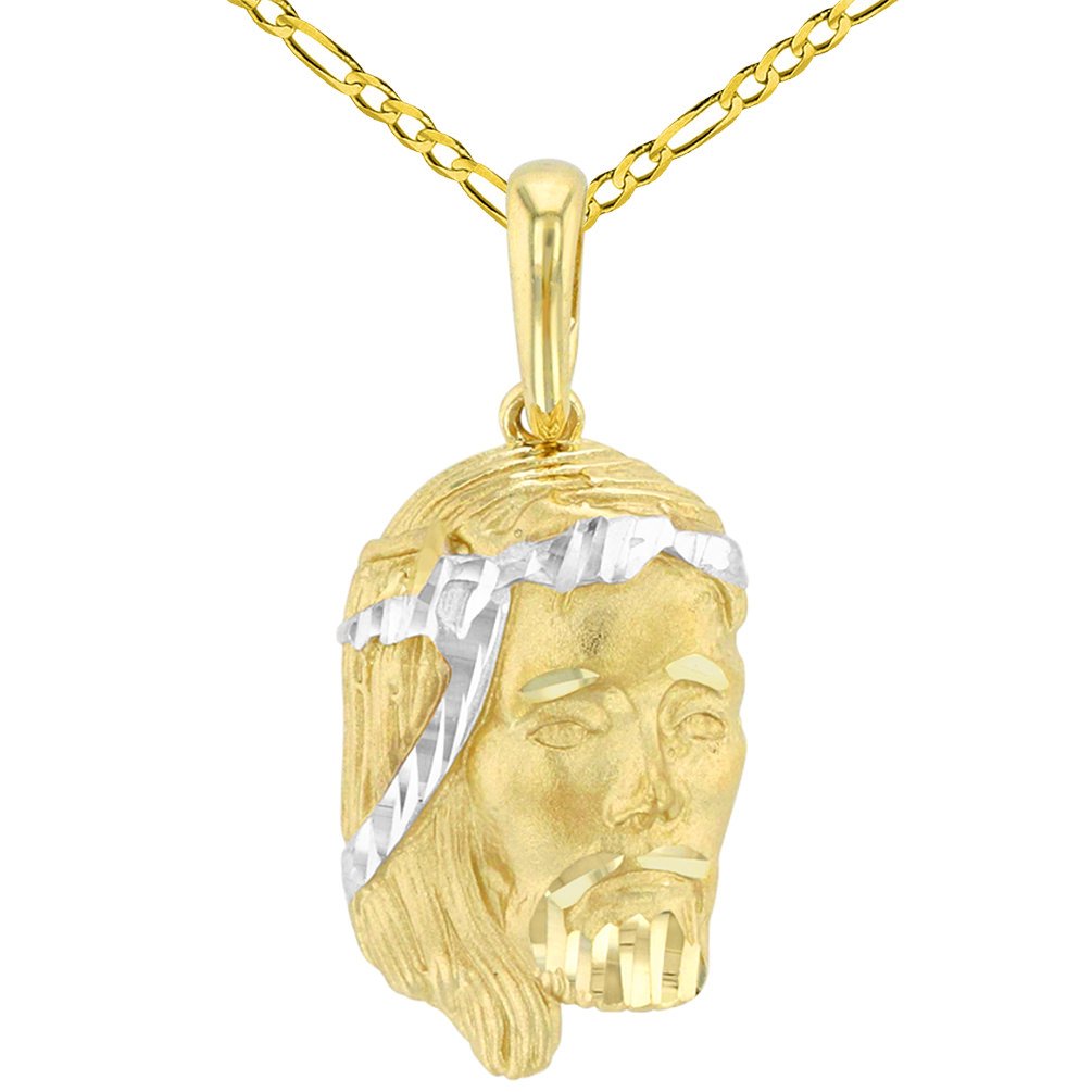 14K Yellow Gold Textured Face of Jesus Christ Charm Pendant with Figaro Chain Necklace