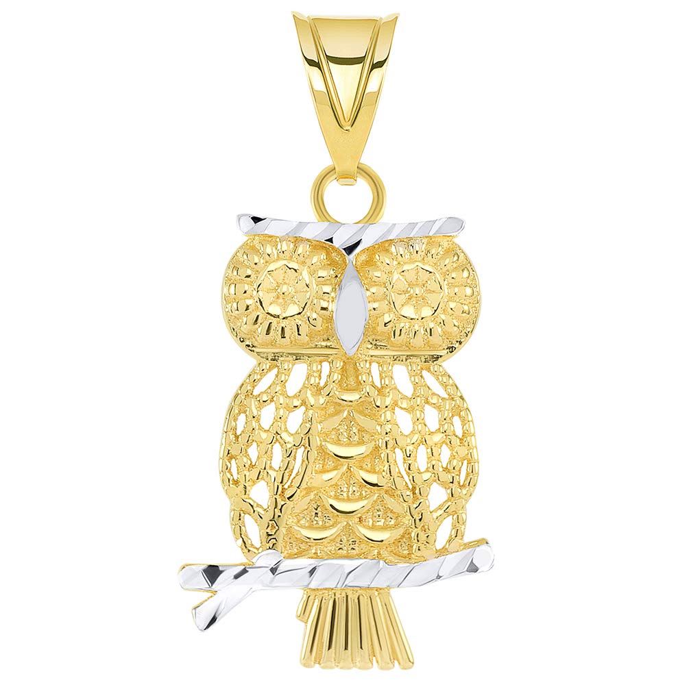 14K Yellow Gold Textured Milgrain Edged Two-Tone Owl Pendant