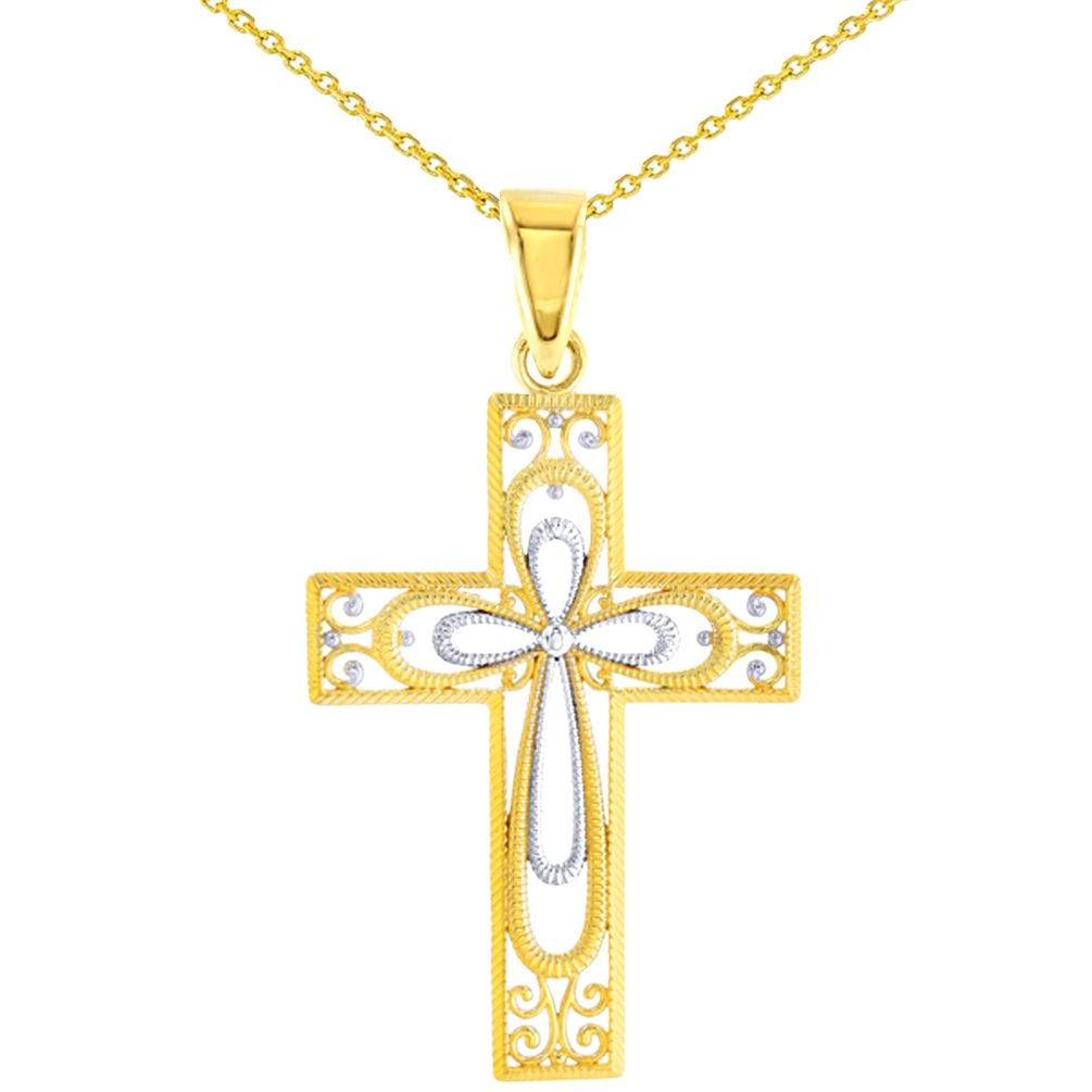 14K Yellow Gold Textured Milgrain Filigree Cross Pendant With Cable, Curb or Figaro Chain Necklace