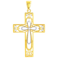 Load image into Gallery viewer, 14K Yellow Gold Textured Milgrain Filigree Cross Pendant With Cable, Curb or Figaro Chain Necklace
