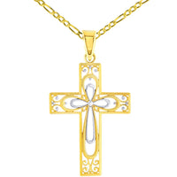 Load image into Gallery viewer, 14K Yellow Gold Textured Milgrain Filigree Cross Pendant With Cable, Curb or Figaro Chain Necklace
