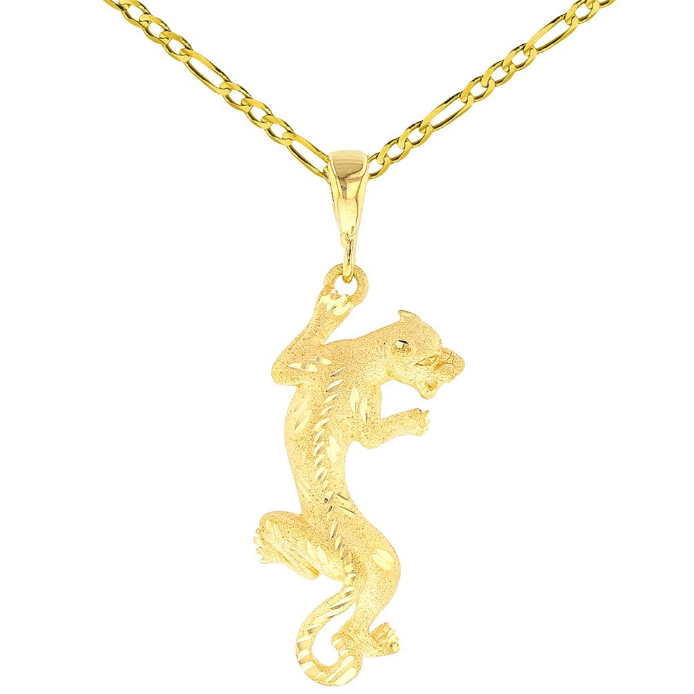 14K Gold Textured Vertical Panther Charm Animal Pendant with Figaro Chain Necklace - Yellow Gold