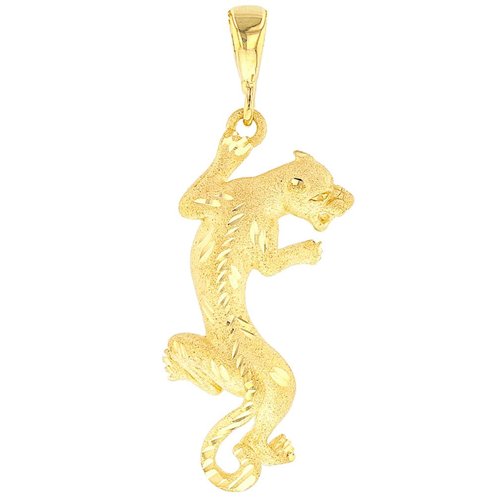 14K Yellow Gold Textured Vertical Panther Charm Animal Pendant