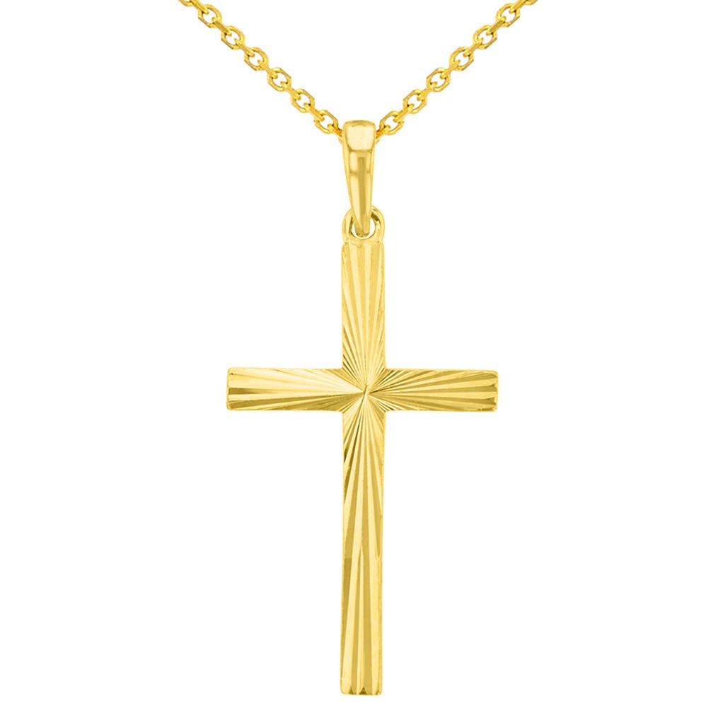 Solid 14K Yellow Gold Textured and Polished Classic Religious Pendant Necklace
