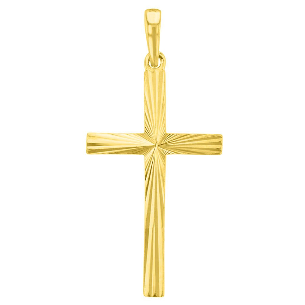 Solid 14K Yellow Gold Textured and Polished Religious Cross Pendant