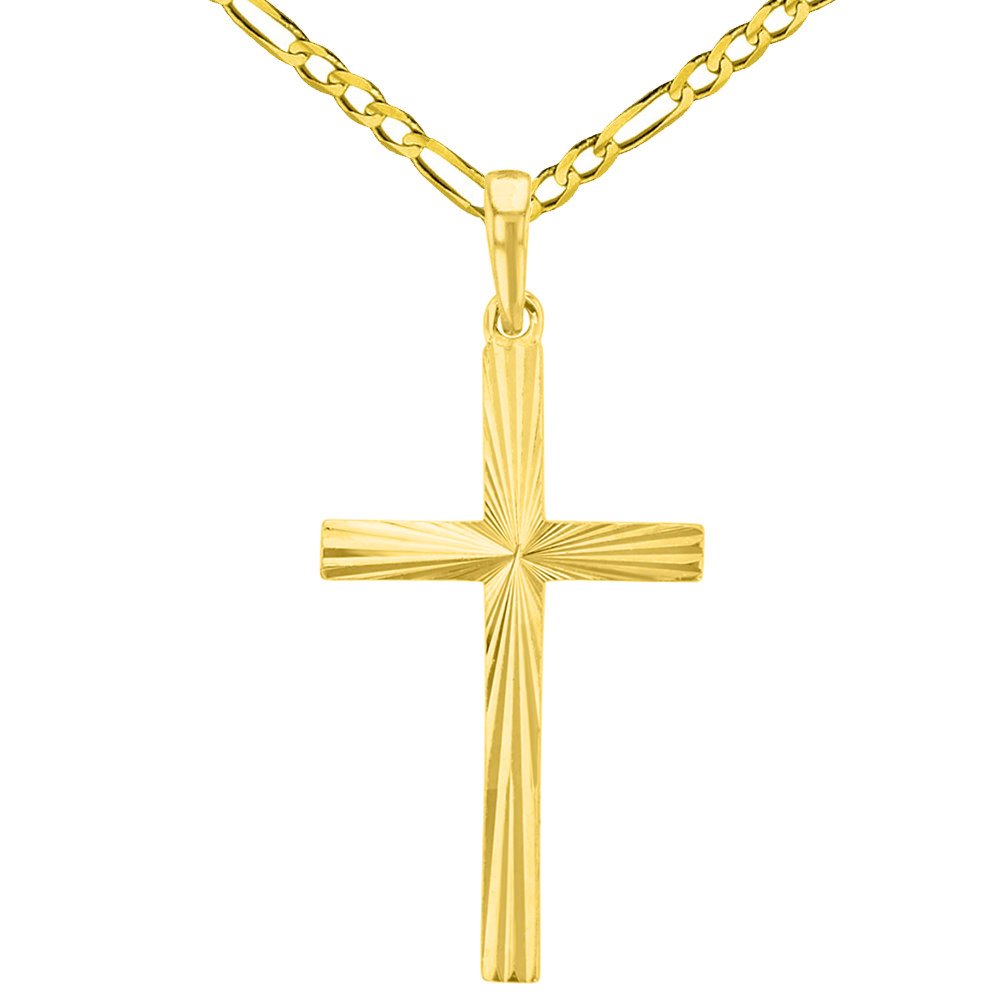 Solid 14K Yellow Gold Textured and Polished Religious Cross Pendant with Figaro Chain Necklace