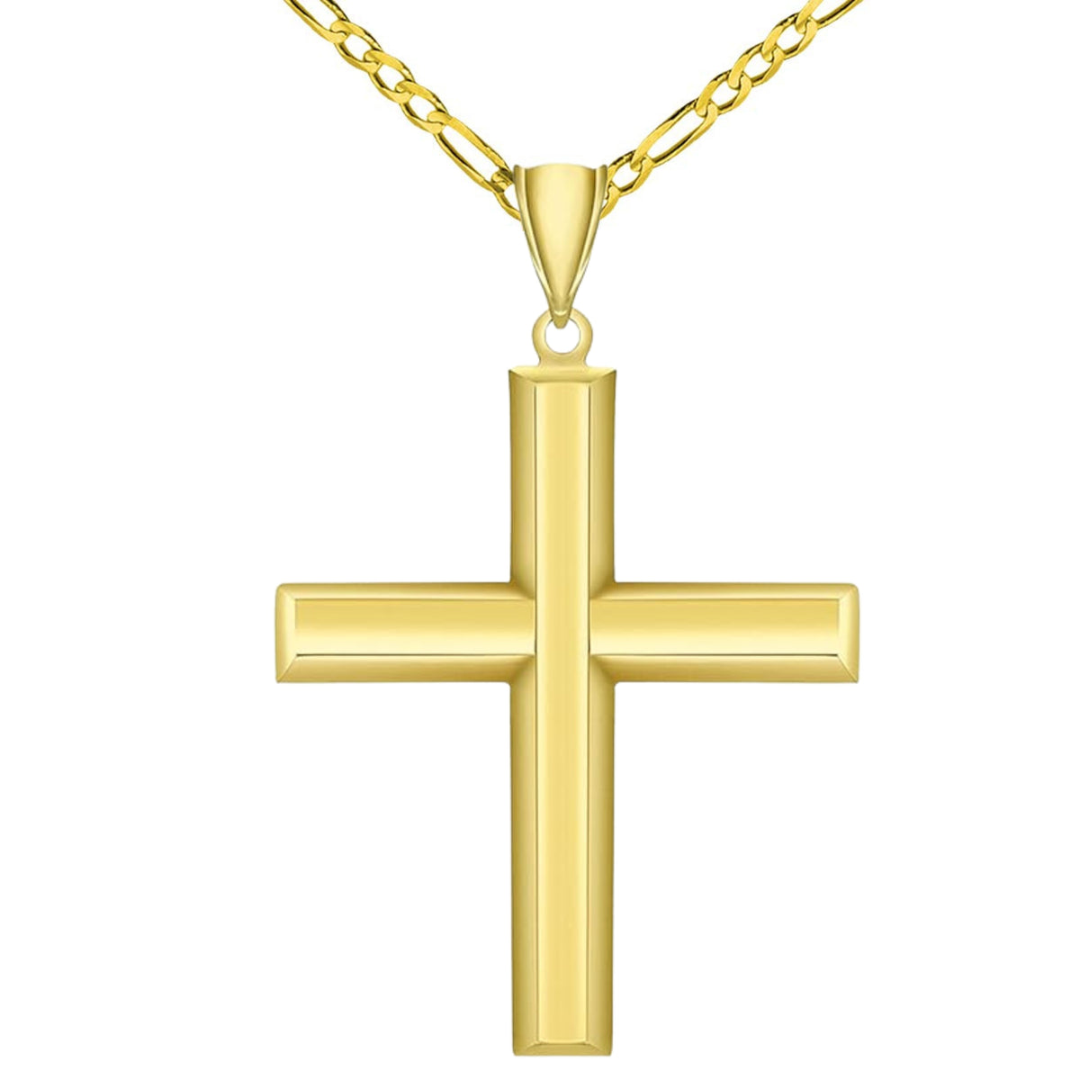 14K Gold Traditional Religious Plain Cross Pendant with Figaro Chain Necklace
