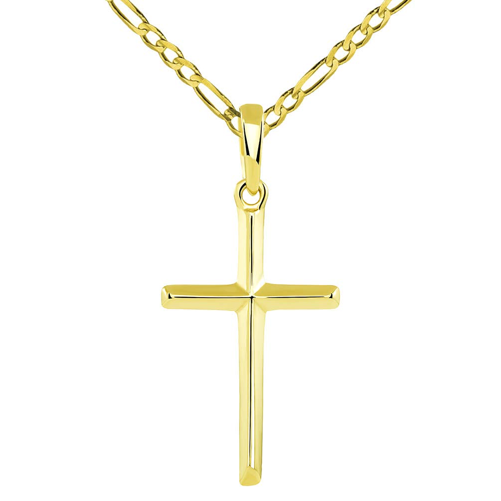 14K Yellow Gold Traditional Simple Religious Cross Pendant with Figaro Chain Necklace