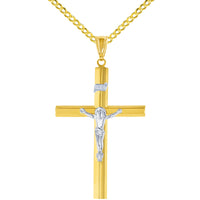 Load image into Gallery viewer, 14K Yellow Gold &amp; White Gold Tube Crucifix Six Sided Cross Pendant Necklace

