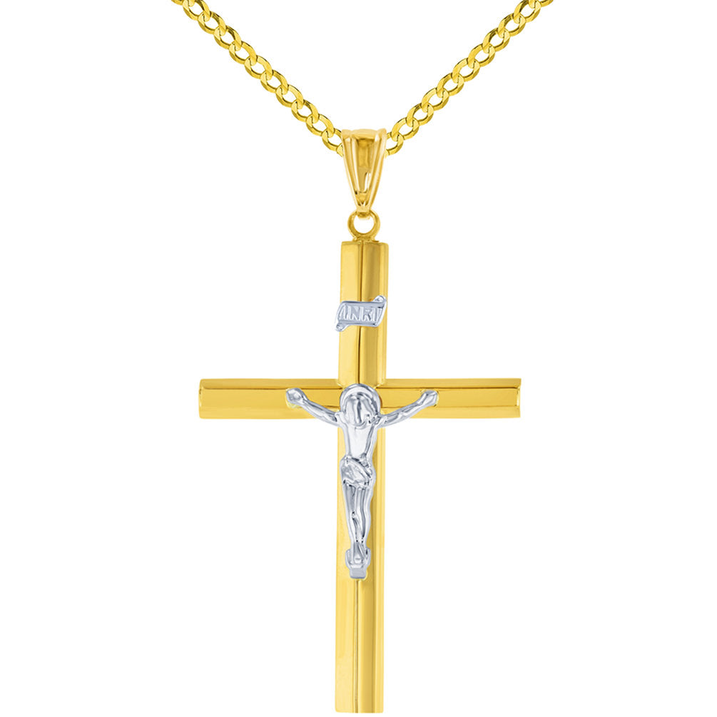 14K Yellow Gold & White Gold Tube Crucifix Six Sided Cross Pendant Necklace