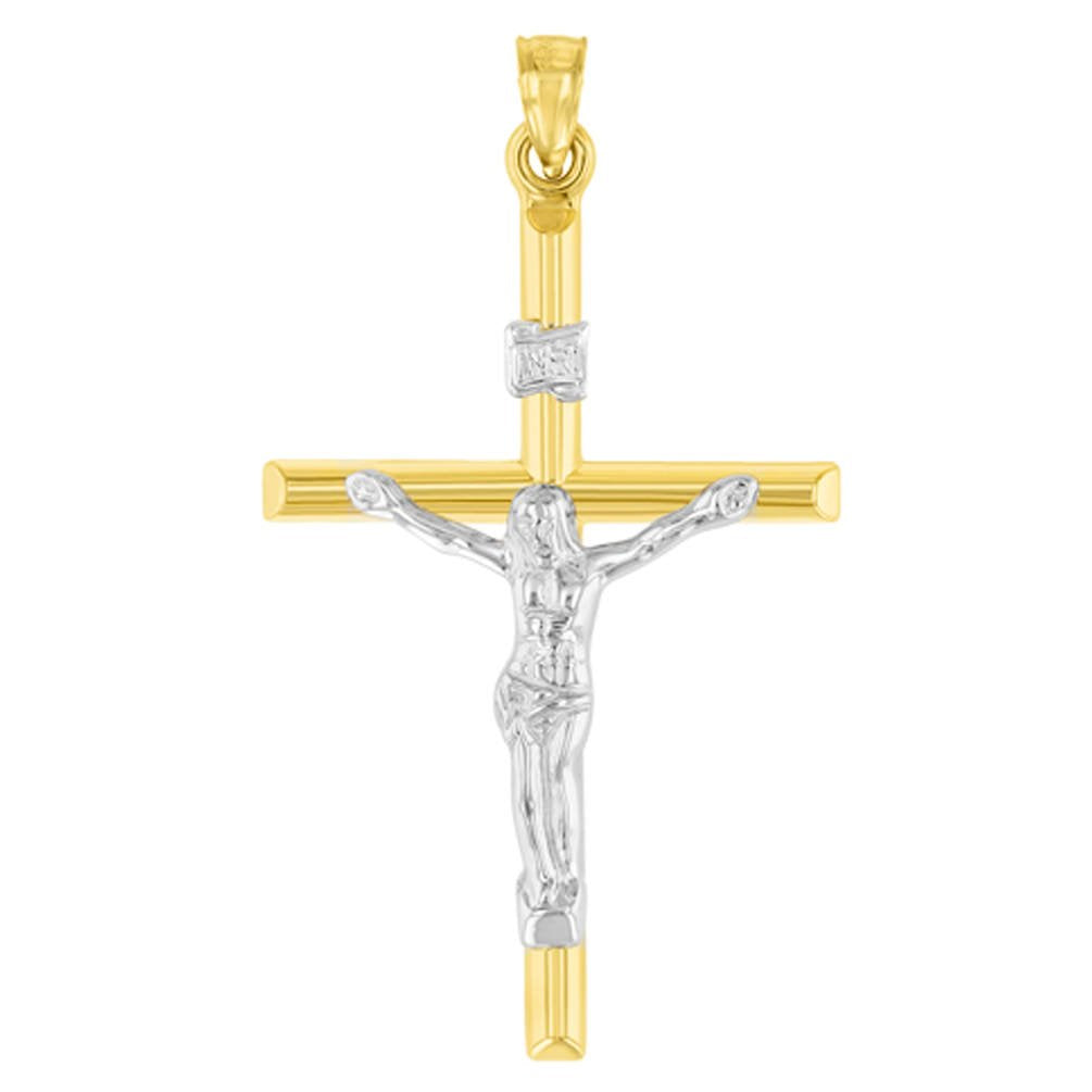 14K Yellow Gold Two-Tone INRI Crucifix Tubular Simple Cross Pendant