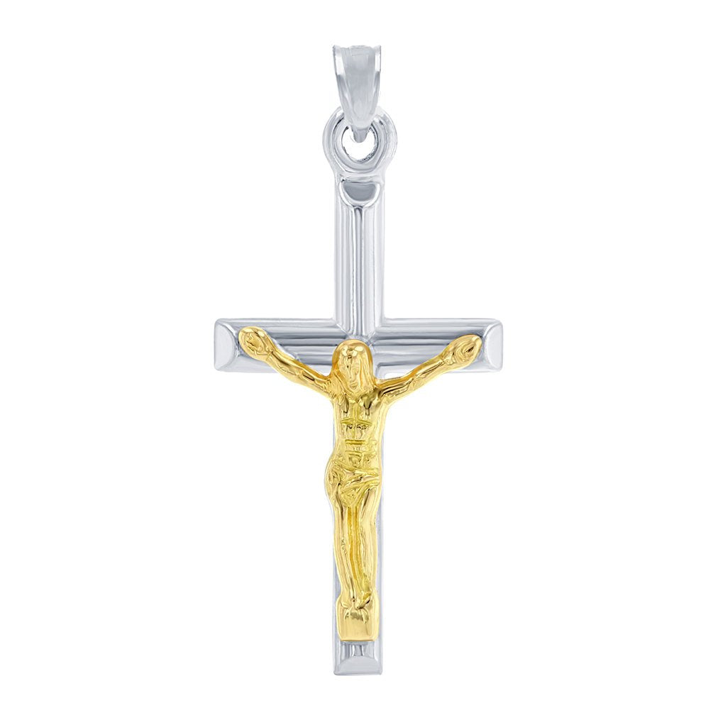 14K White Gold Two Tone Mini Cross with Jesus Crucifix Charm Pendant