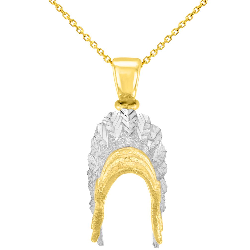 Solid 14K Yellow Gold War Bonnets Charm Native American Pendant with Cable, Curb, or Figaro Chain Necklaces