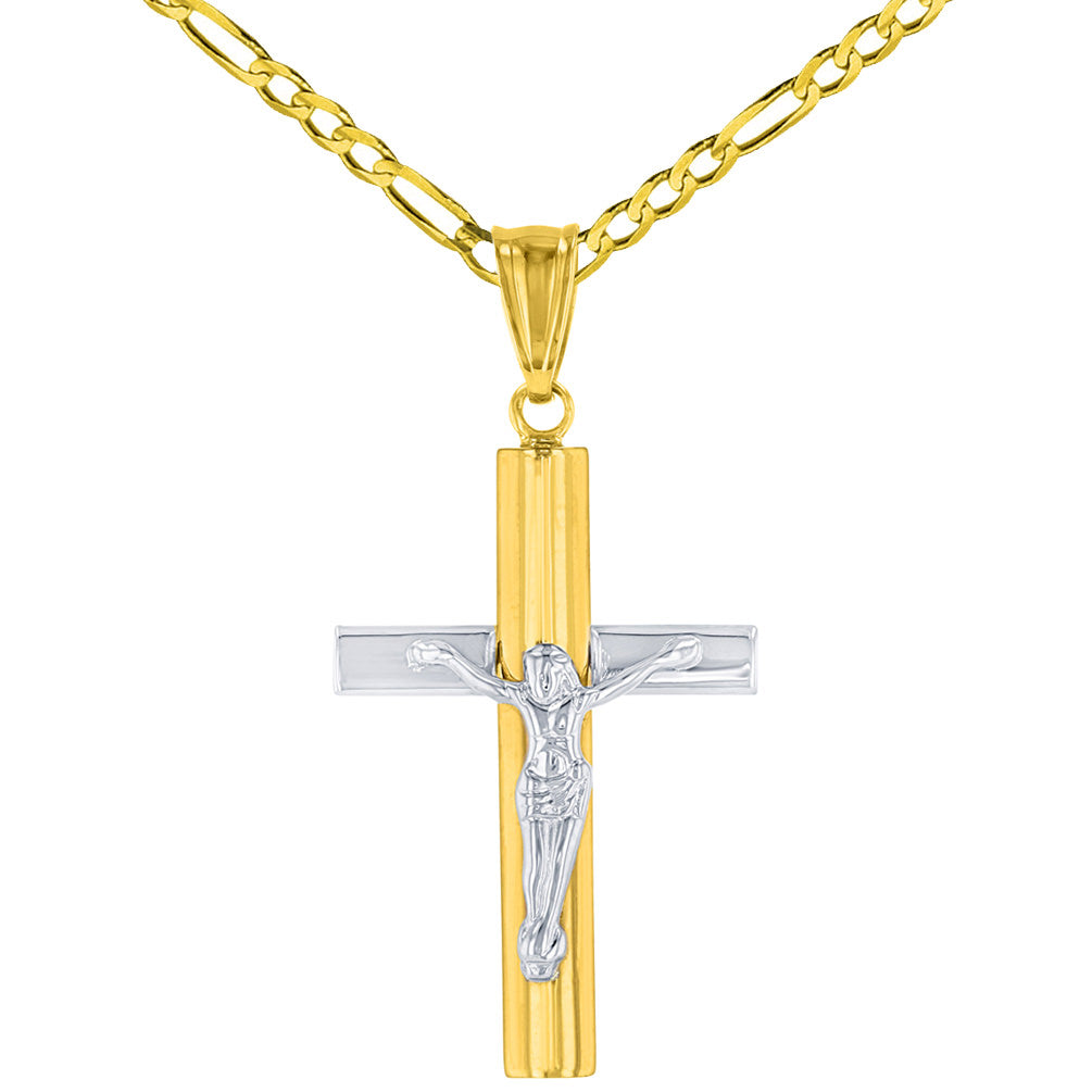 14K Yellow Gold & White Gold Passion Cross Crucifix Pendant Necklace