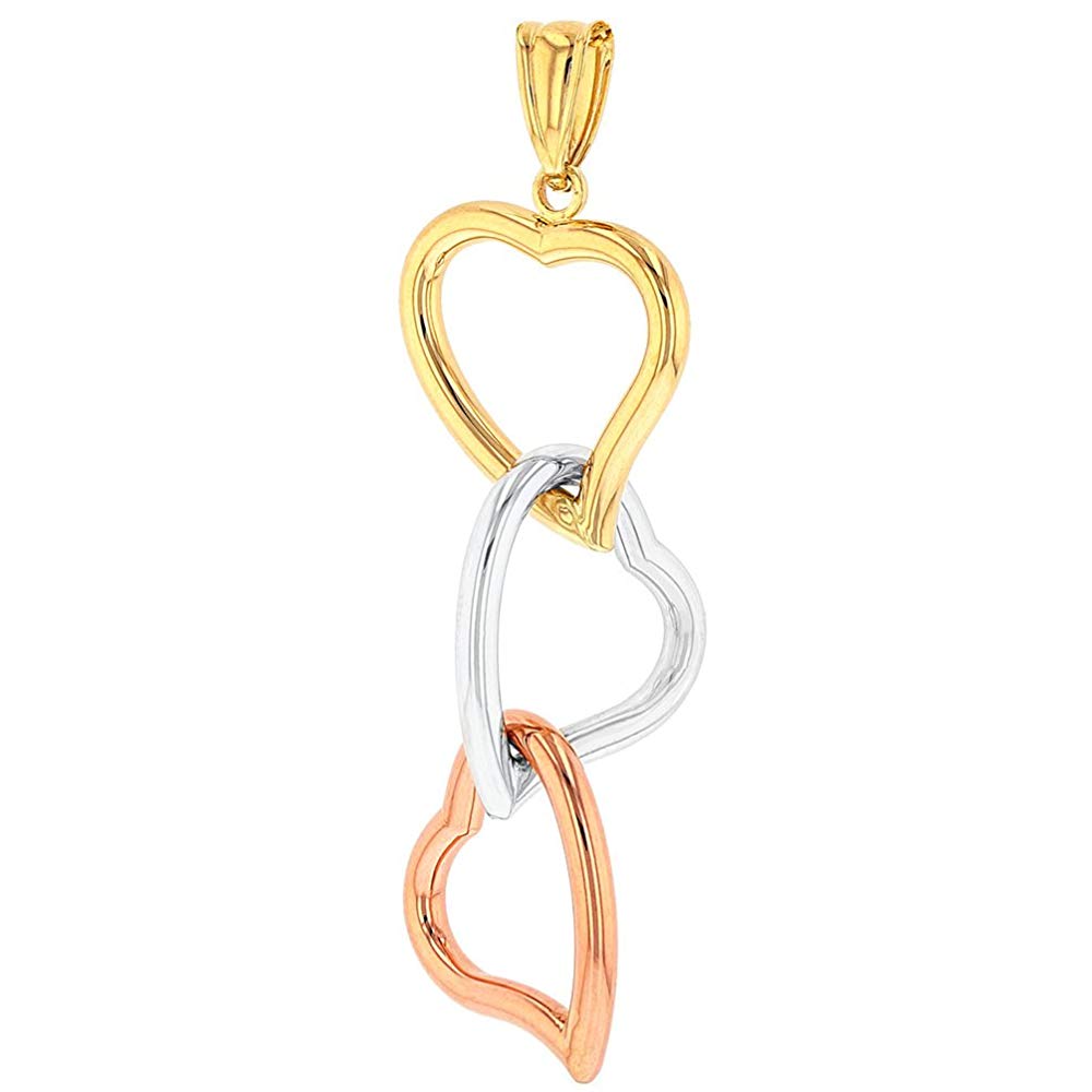 14K Yellow Gold, White Gold and Rose Gold Dangling Hearts Pendant