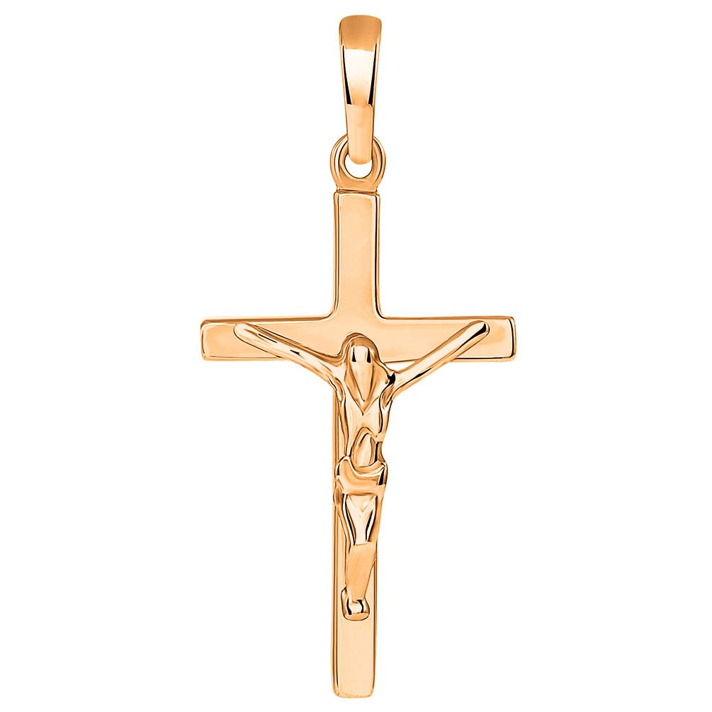 Solid 14K Rose Gold Simple Cross Jesus Crucifix Charm Pendant