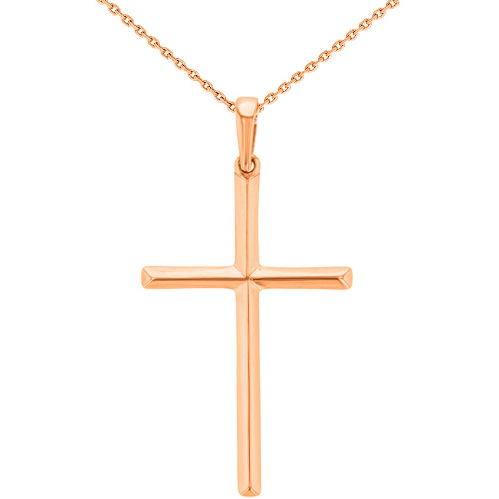 Solid 14K Rose Gold Slender Plain Cross Charm Pendant Necklace with High Polish