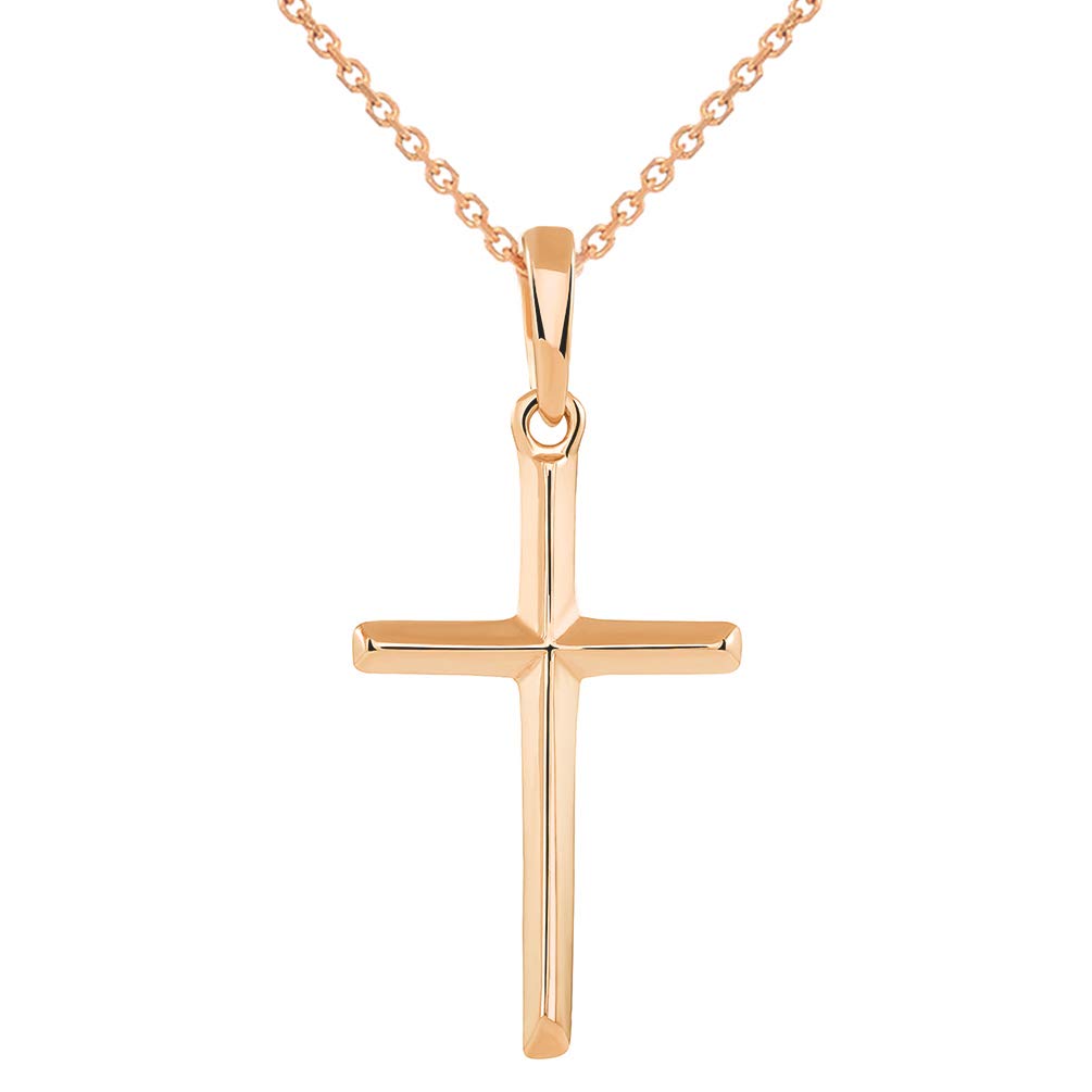 14K Solid Rose Gold Traditional Simple Religious Cross Pendant Necklace