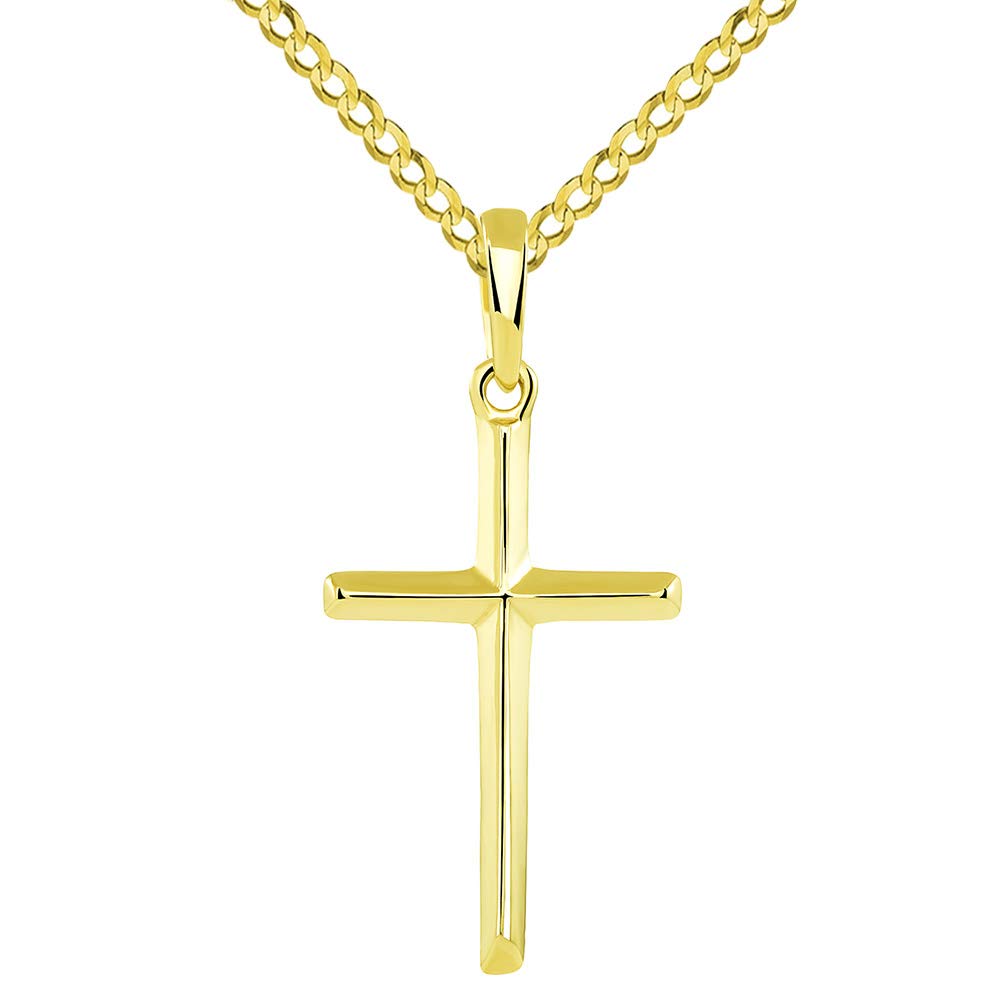 14K Solid Yellow Gold Traditional Simple Religious Cross Pendant with Cuban Chain Necklace