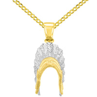 Load image into Gallery viewer, 14K Solid Yellow Gold War Bonnets Charm Native American Pendant with Cuban Chain Necklace
