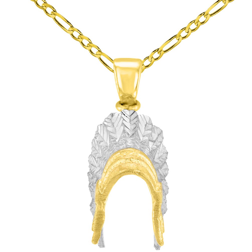 14K Solid Yellow Gold War Bonnets Charm Native American Pendant with Figaro Chain Necklace
