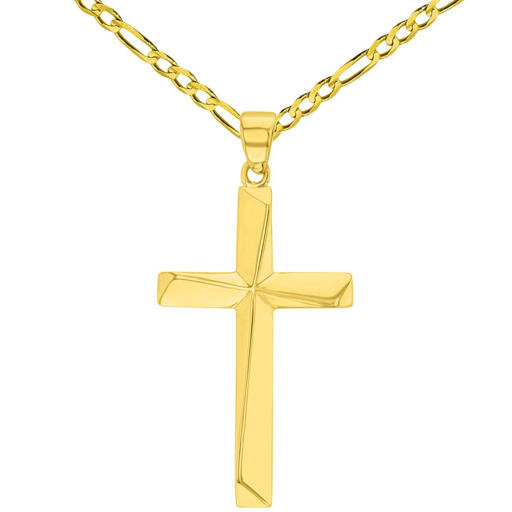 14K Solid Yellow Gold Elegant Religious Plain Cross Pendant with Figaro Chain Necklace