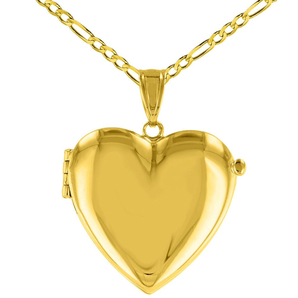 14K Solid Yellow Gold Heart Shaped Locket Charm Pendant with Figaro Chain Necklace