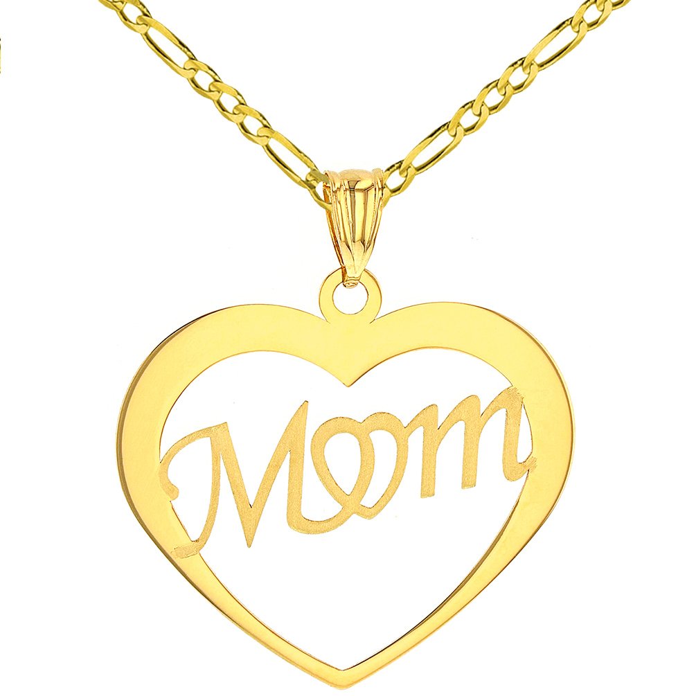 14K Solid Yellow Gold Simple Heart with Mom Pendant Figaro Chain Necklace