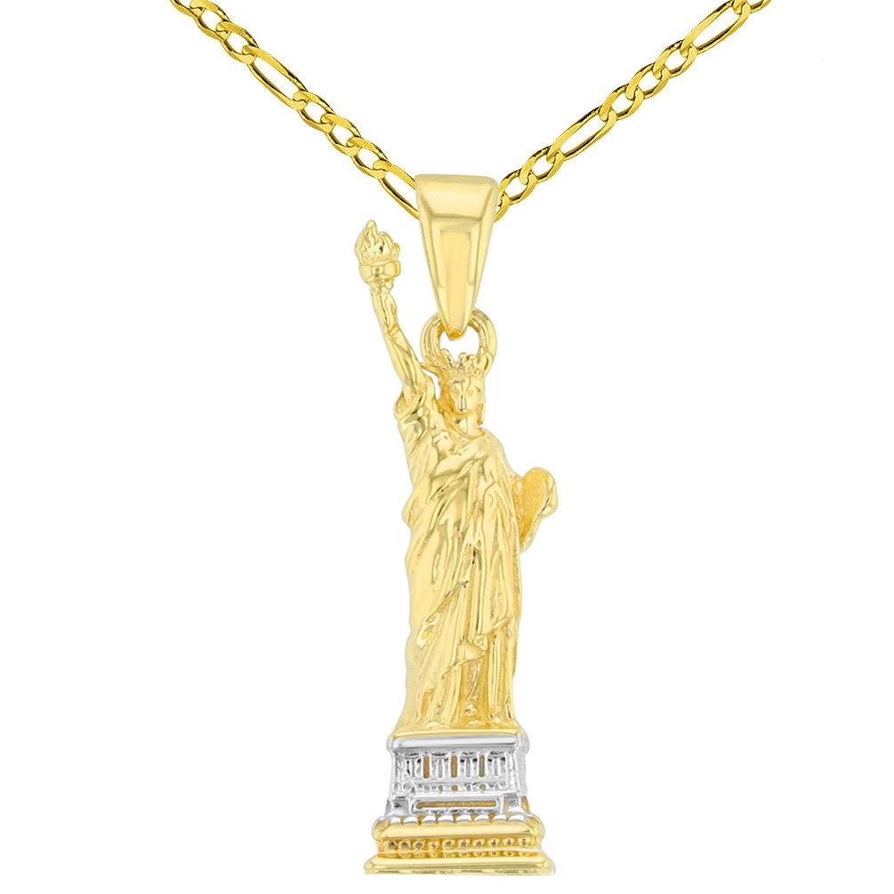 14K Solid Yellow Gold Statue of Liberty Charm Pendant with Figaro Chain Necklace