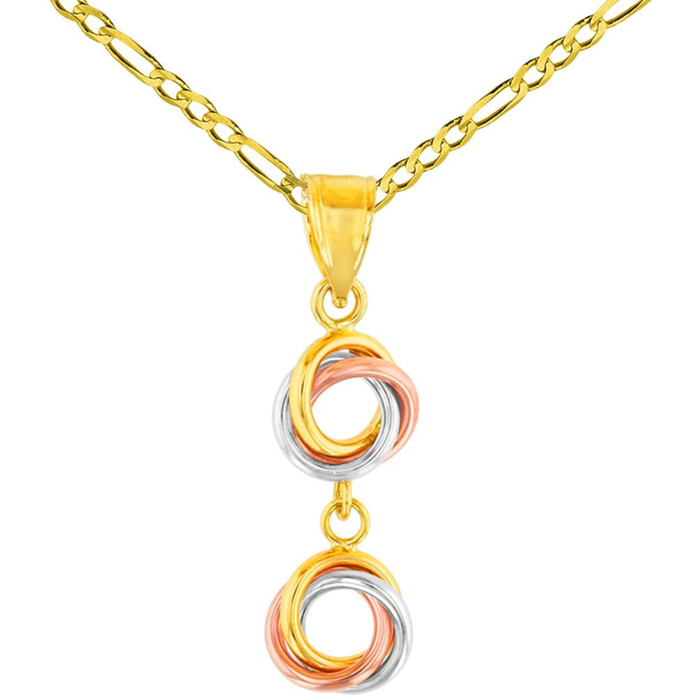 14K Tri-Color Gold Double Love Knot Dangling Pendant Necklace