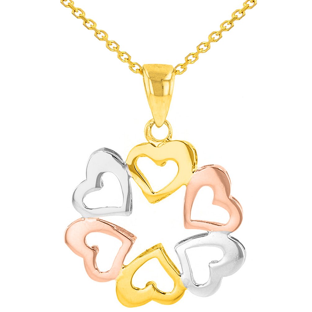 Solid 14K Tri-Color Gold Round Heart Charm Love Pendant with Cable, Curb, or Figaro Chain Necklace