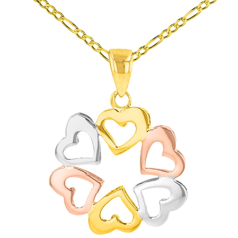 Solid 14K Tri-Color Gold Round Heart Charm Love Pendant with Cable, Curb, or Figaro Chain Necklace