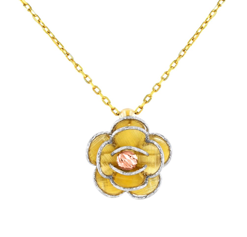 14K Tri Color Gold Textured Blooming Flower Pendant Floral Rolo Chain Necklace