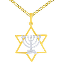 Load image into Gallery viewer, 14K Two-Tone Gold Jewish Star of David with Textured Menorah Pendant Figaro Chain Necklace
