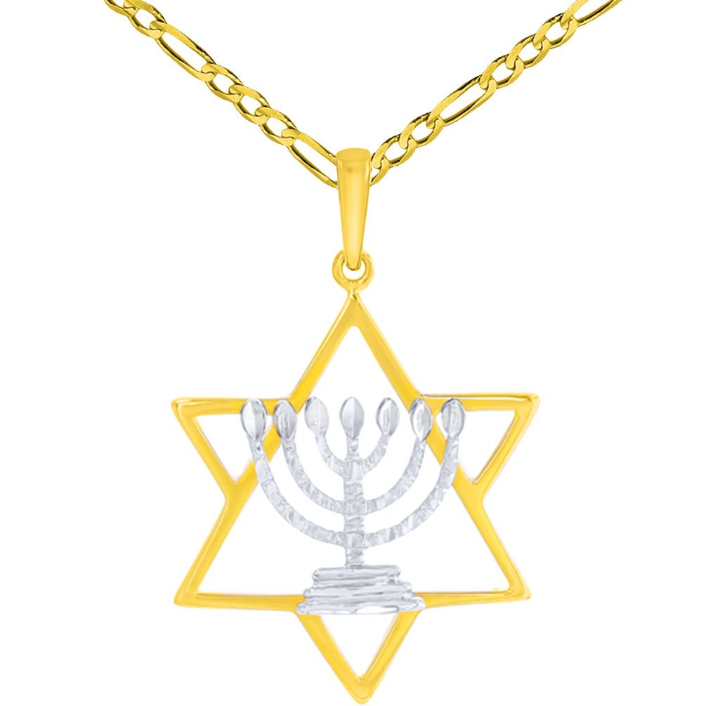 14K Two-Tone Gold Jewish Star of David with Textured Menorah Pendant Figaro Chain Necklace