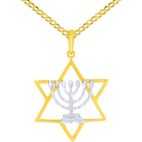Load image into Gallery viewer, 14K Two-Tone Gold Jewish Star of David with Textured Menorah Pendant Cuban Chain Necklace
