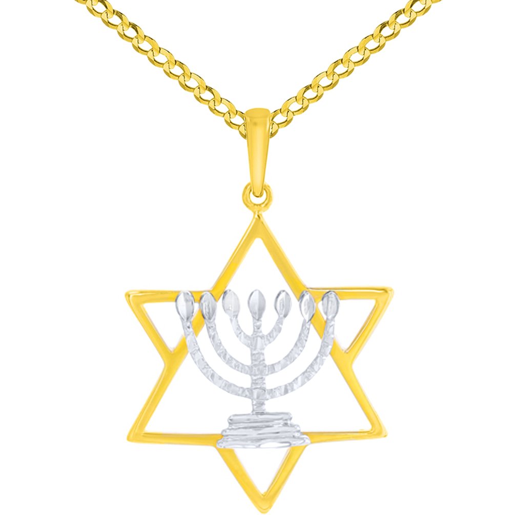14K Two-Tone Gold Jewish Star of David with Textured Menorah Pendant Cuban Chain Necklace